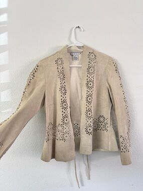 CAbi Beige Suede Laser-Cut Open-Front Jacket